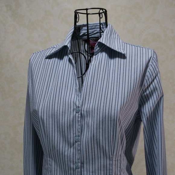 SO..SO REAL SO RIGHT  Blue Striped V-Neck Button Close - Picture 2 of 16